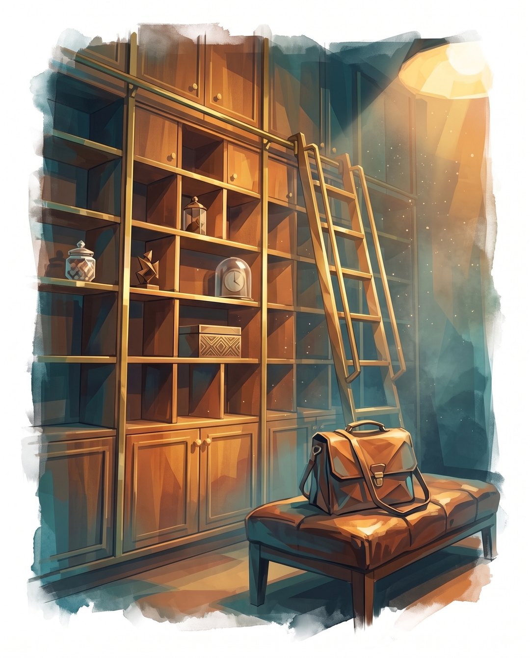 the collection room: a wall of cubbies, a brass ladder, a satchel