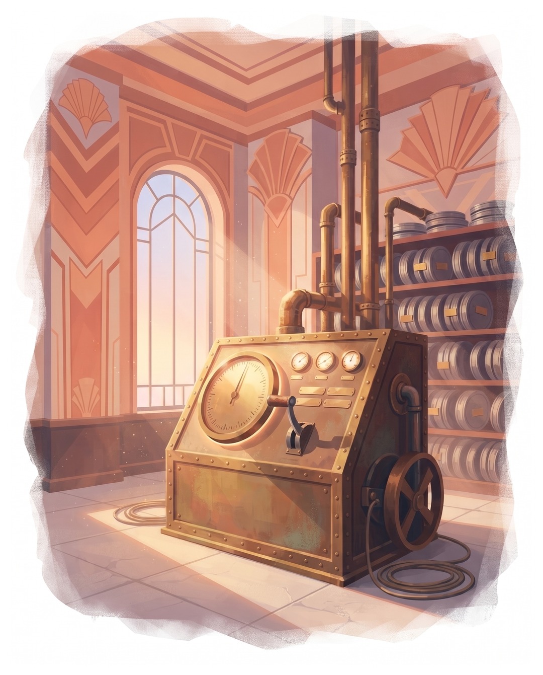inside the time machine: a riveted brass console with a great lit dial and a pull lever, in a quiet apricot and rose art-deco room at sunrise, shelves of round canisters beside it and dawn light through a tall arched window